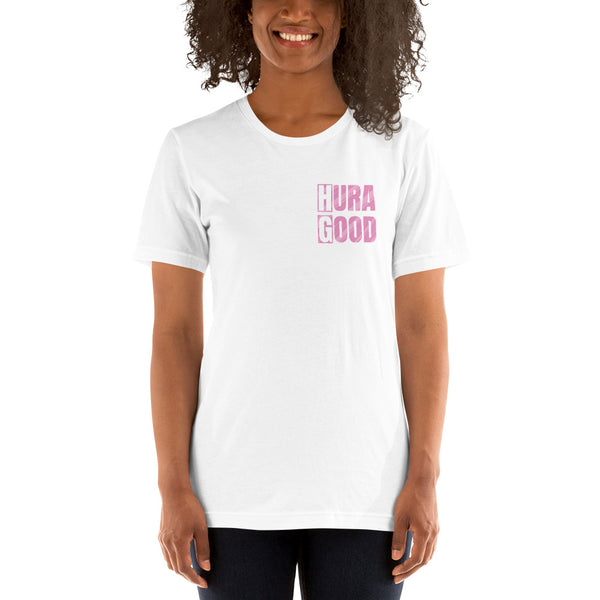 Hura Good Women's Pink Text Front and Back