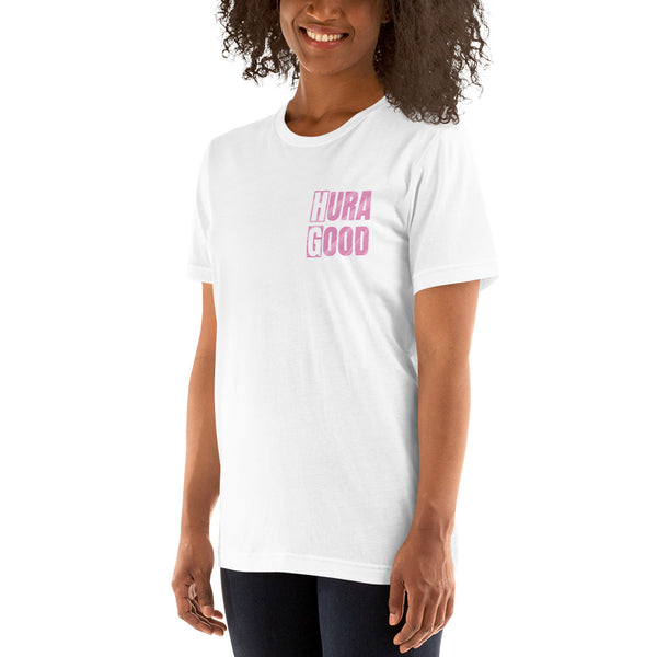 Hura Good Women's Pink Text Front and Back